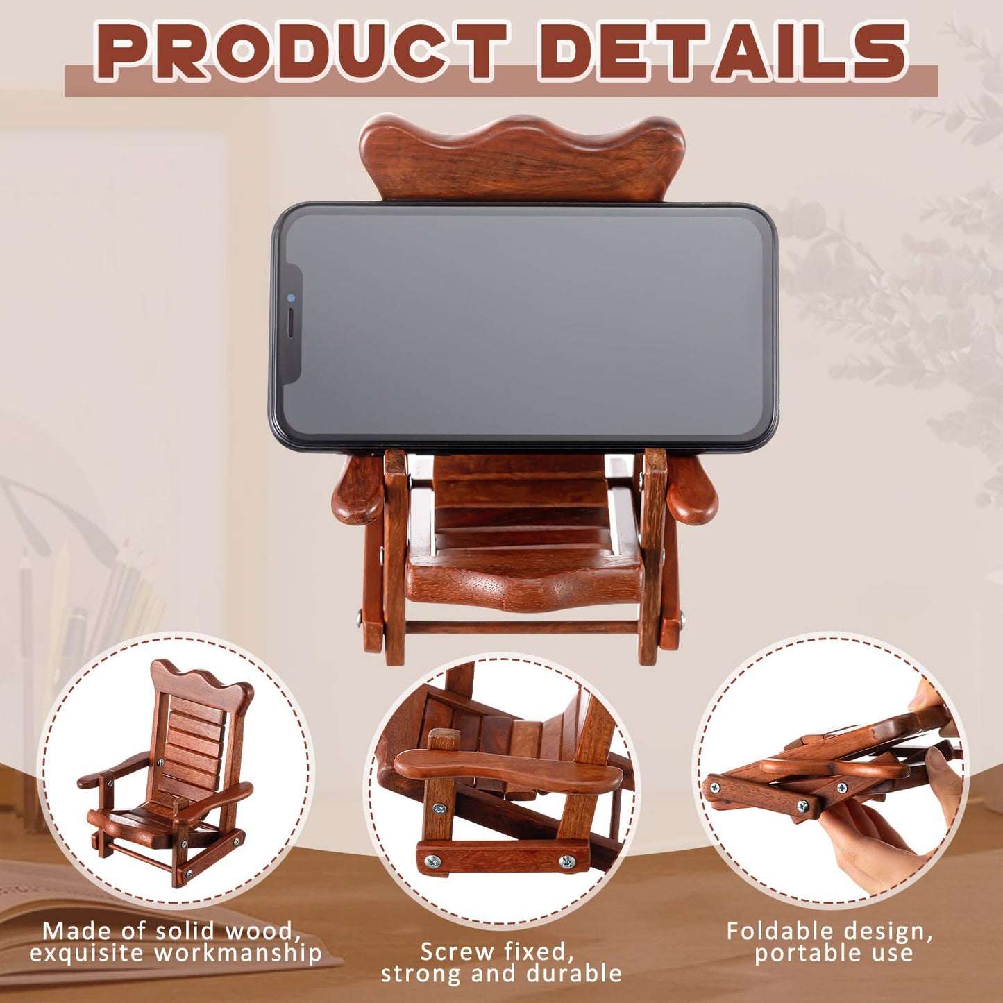 Kingdder 2 Pcs Christmas Wood Cell Phone Stand Gifts Folding Chair Wooden Phone Holder Adjustable Office Cellphone Stand Portable Cute Desktop Chair Shape Mobile Smartphone Holder for Desk Home Travel