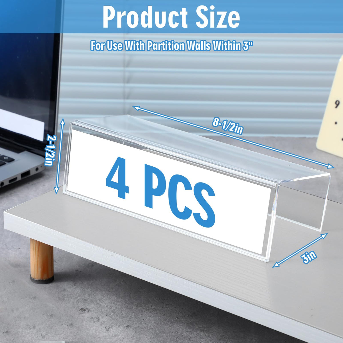 Kathfly 4 Pcs Clear Acrylic Cubicle Name Plate Holders 8.5" L x 2.5" W - Fits 3" Cubicle Wall, Single Sided Sign Holder Plastic Nameplate for Office Home Classroom Library Display