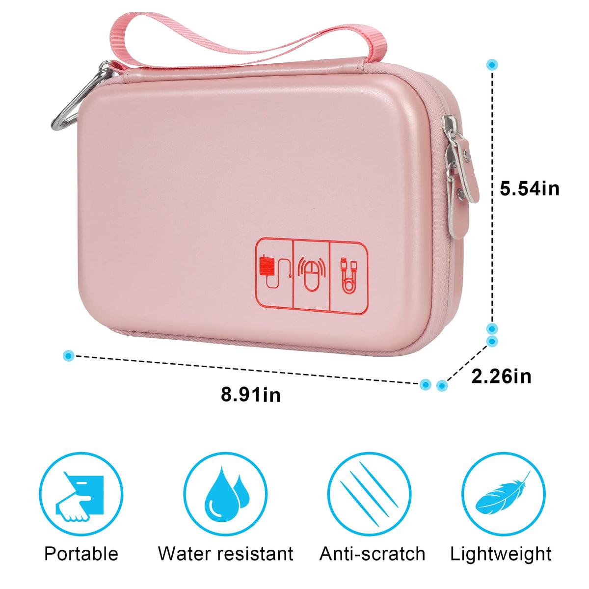 Elonbo Hard Travel Cords Organizer Universal Small Electronic Accessories Carrying Case for Chargers Cable MacBook Adapter Magic Mouse Apple Pencil USB Flash Disk Tech Portable Storage Bag, Rose Gold