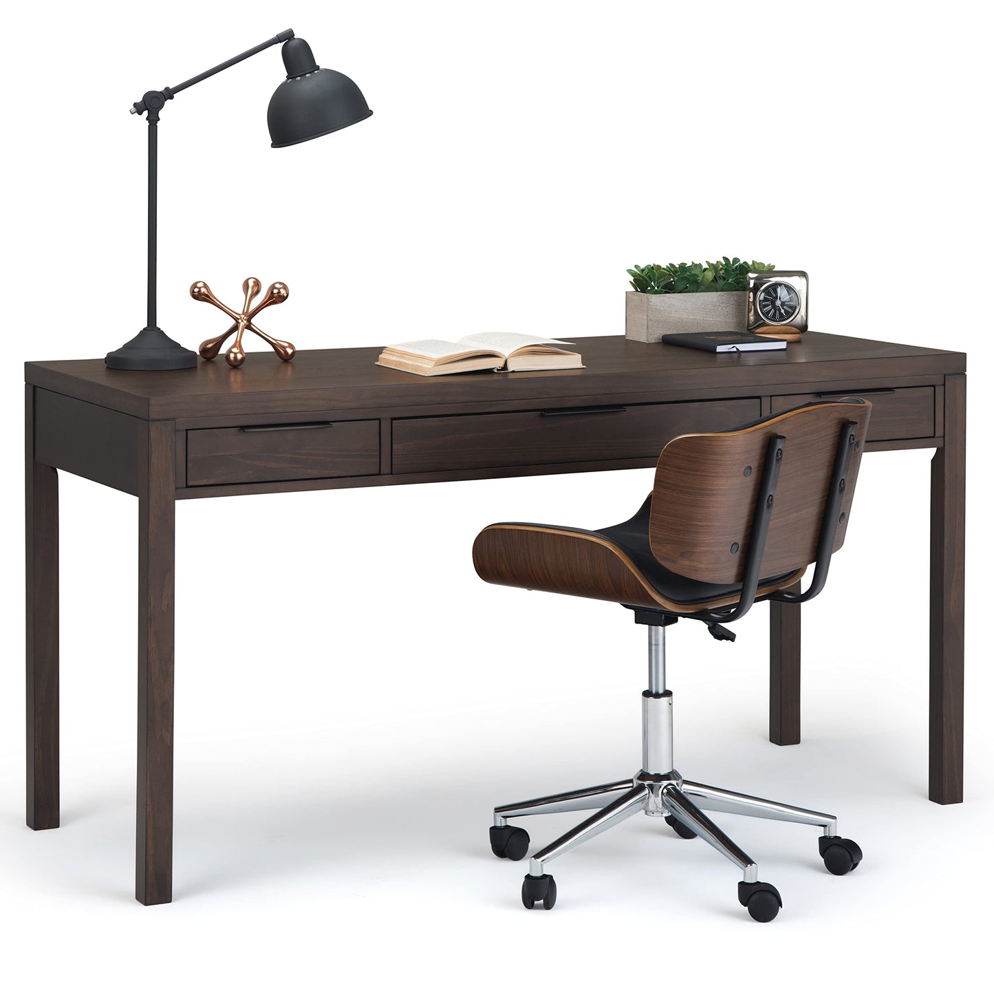 SIMPLIHOME Hollander Desk - 60 Inch Wide Solid Wood Writing Desk in Warm Walnut Brown, Contemporary Home Office Computer Table for Workspace or Study with 2 Drawers and Flip-Down Keyboard Tray
