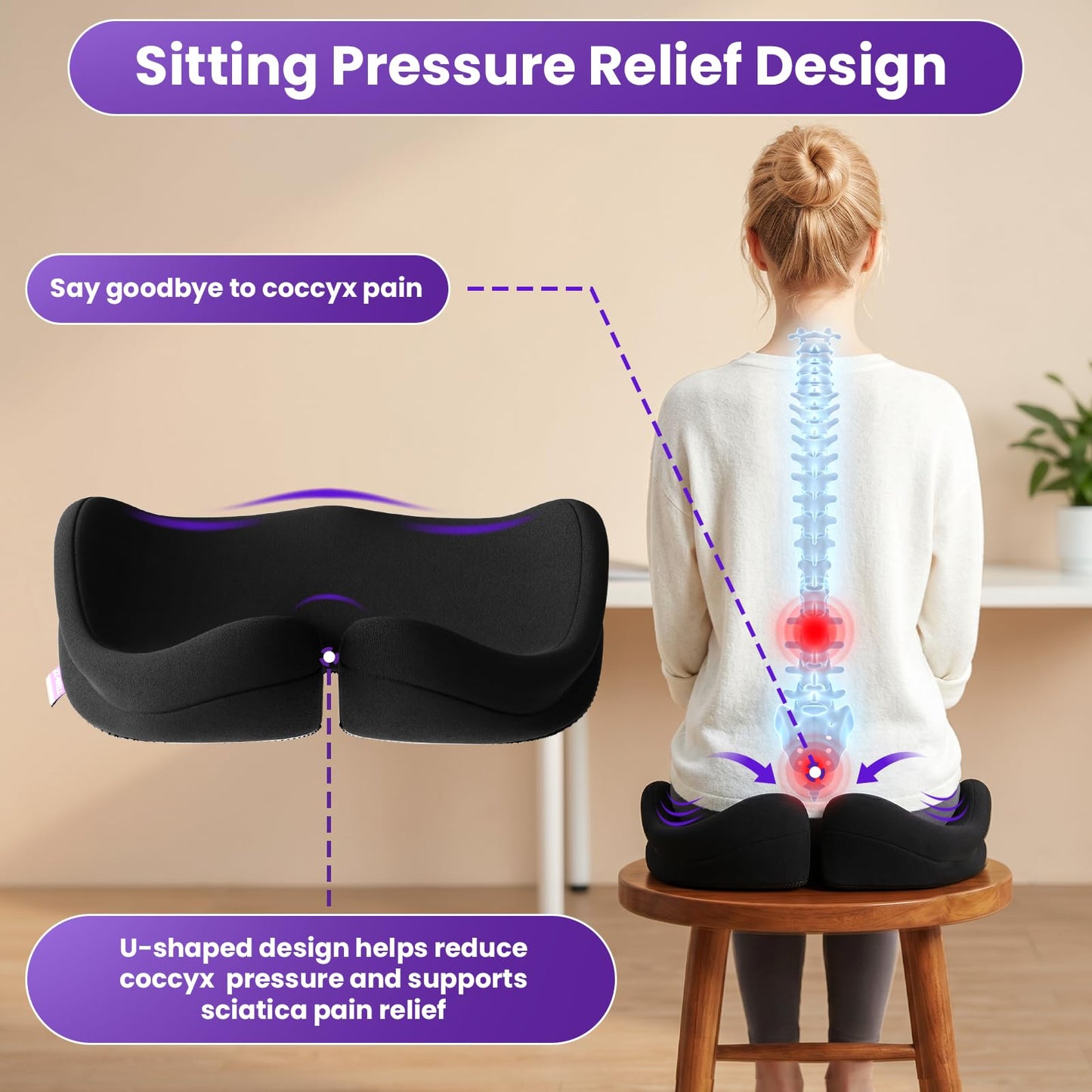 ZZ-WELL Seat Cushions for Office Chairs - Patented Coccyx Cushion for Tailbone Pain - 21.2" W x 16.5" L Memory Foam Extra Large Seat Cushion, Removable & Machine Washable Cover (Black)