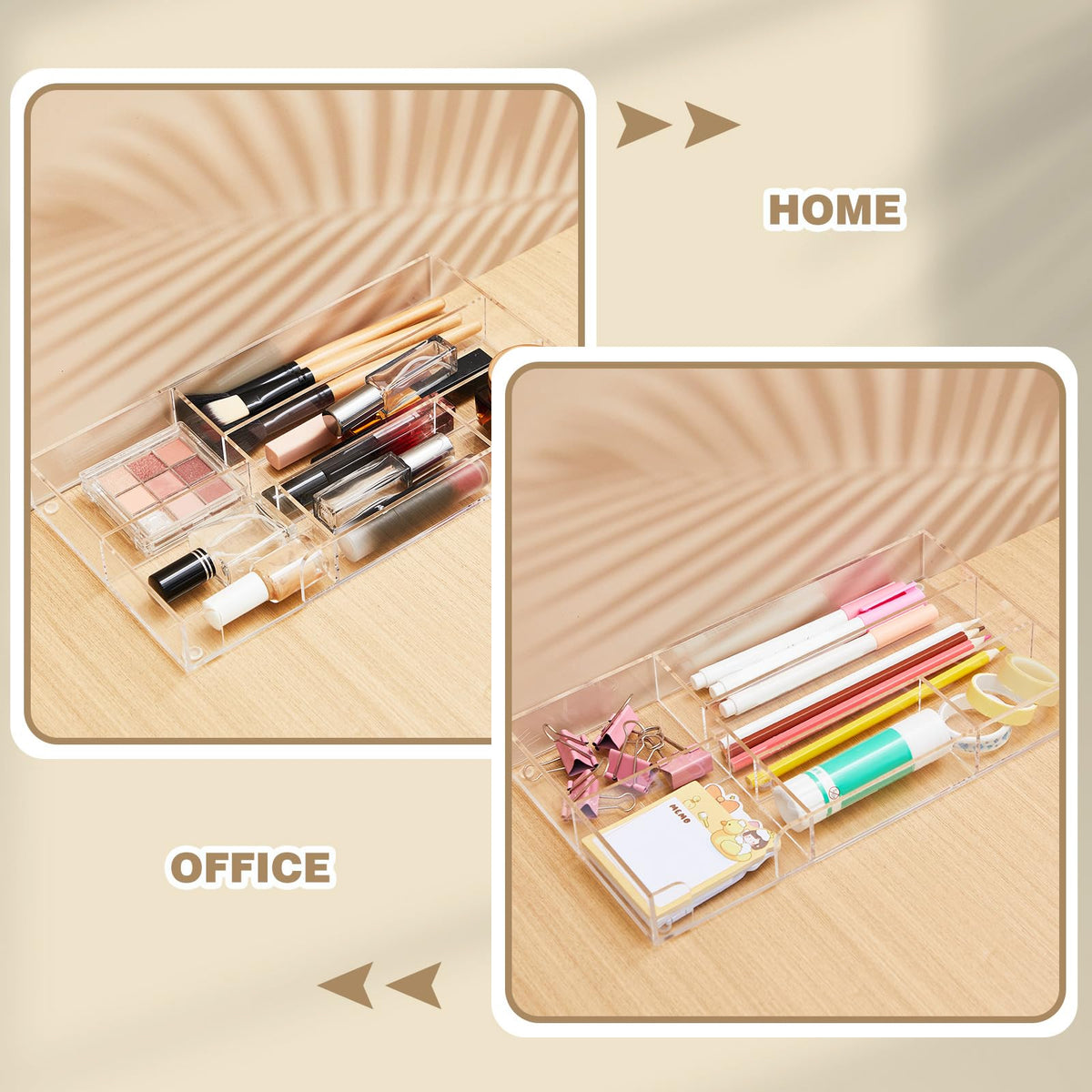 Briwooody Clear Acrylic Desk Drawer Organizer 11 x 6.1 x 1.38 Inch Storage Tray Organizer for Pens, Stationery, Desktop, Office, Bathroom, Kitchen, Makeup Supplies (6 Compartments)