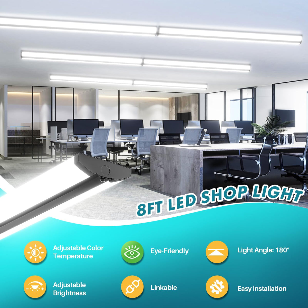 TychoLite 8FT LED Shop Lights, 100W 11500LM Ultra Slim Wraparound Light, 3000K/4000K/5000K CCT & 60W/80W/100W Selectable, Linkable 8 Foot LED Strip Fixture for Garage, Office, Warehouse, 4 Pack