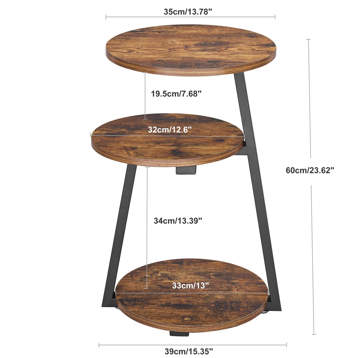 BEWISHOME Round End Table Side Table with Metal Frame, Accent Nightstand Bedside Table with 3-Tier Shelves, Small Couch Coffee Table for Living Room Bedroom Rustic Brown KTZ41Z