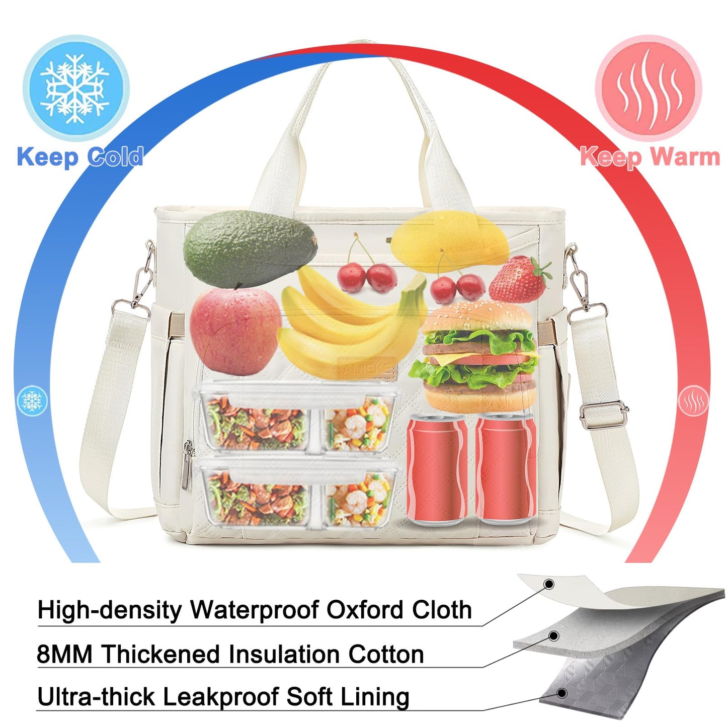 AIJIEKE Extra Large Lunch Bag for Women & Men, Insulated Leakproof Lunch Box for Work, Reusable Adult Lunch Tote with Shoulder Strap, Multi-Pocket Cooler Bag for Office, Picnic, Beach, Beige