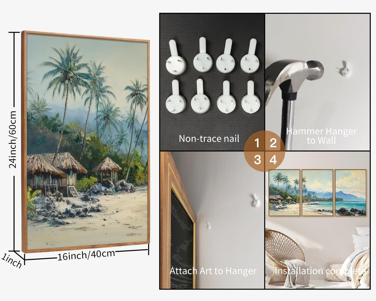 Rantodecor Tropical Coastal Framed Canvas Wall Art, Beach Landscape Posters Wall Decor, Island Palm Trees Beach House Art Paintings, Seascape Mountains Artwork for Bedroom Living Room Office 16"x24"x3