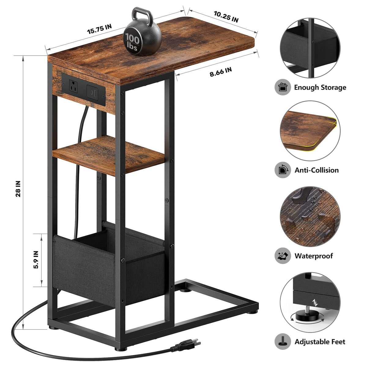 Yuede C Shaped End Table with Charging Station,3-Layer Sofa C Table Side Table, Slide Under Sofa Desk Snack Tables with Storage Bag w/AC U-S-B Port & Socket,Small Spaces Drink Tables for Living Room
