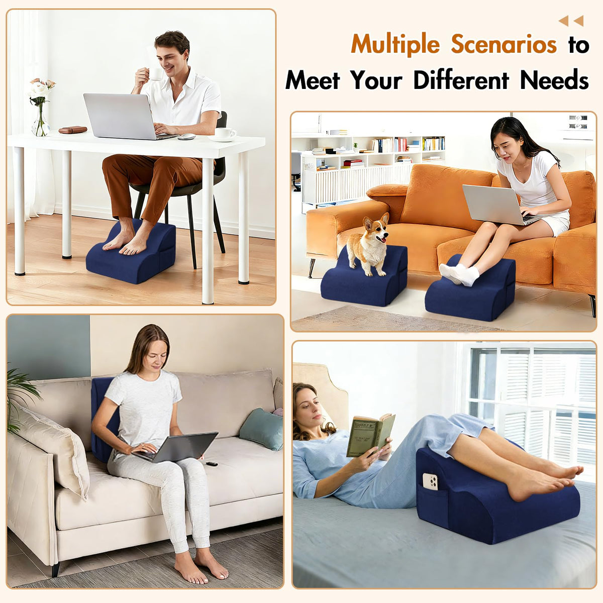 Echaprey Foot Rest for Under Desk at Work,Adjustable Under Desk Footrest Multifunctional 3-Tier Foot Stool with Non-Slip Base and Washable Cover Ergonomic Foot Stool for Office,Home,Car,Travel (Blue)