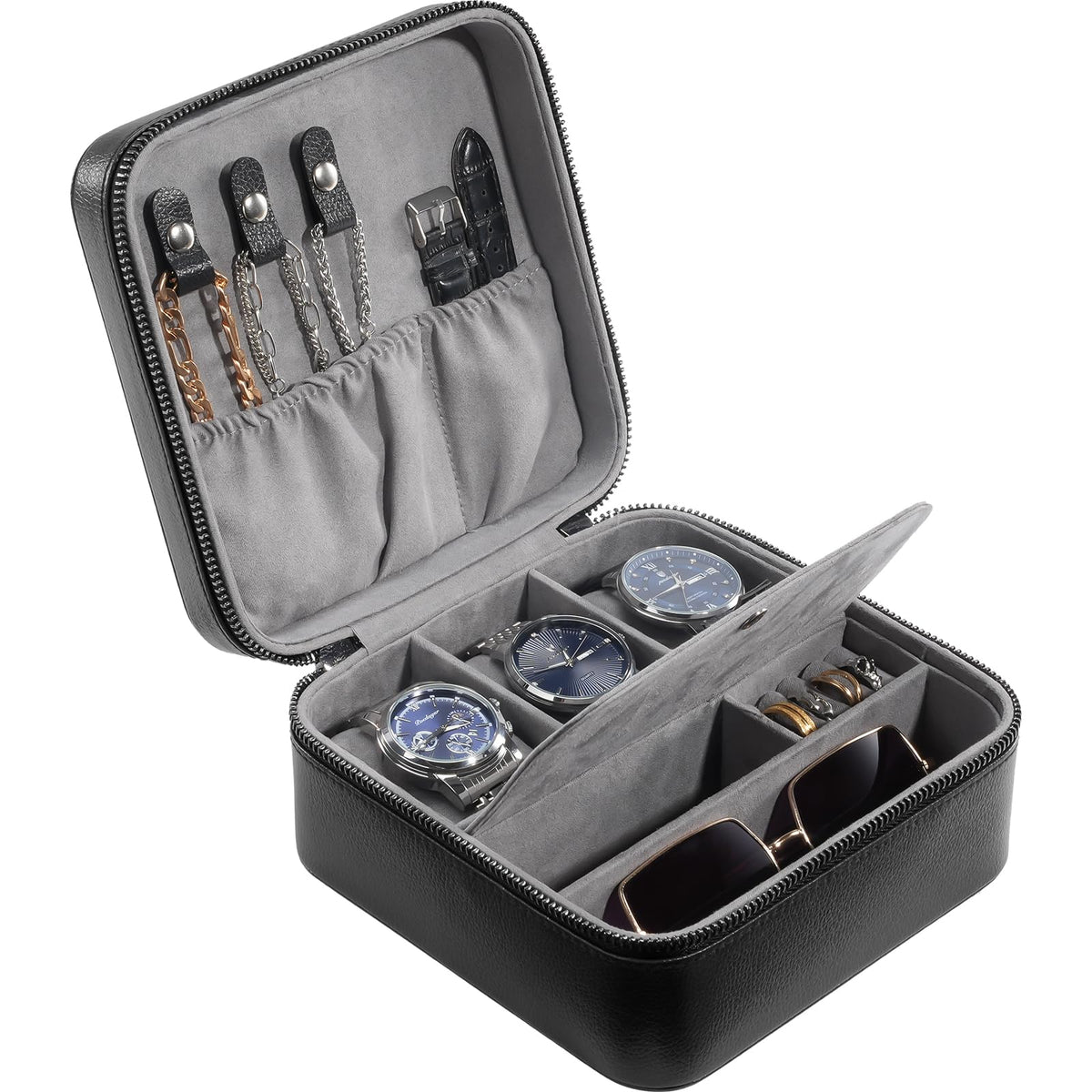 ProCase Travel Watch Case, 3 Slots PU Leather Mens Jewelry Box, Portable Watches Cufflinks Accessories Storage Case, Zippered Carrying Organizer Bag for Man, Valentine's Day Gift -Black