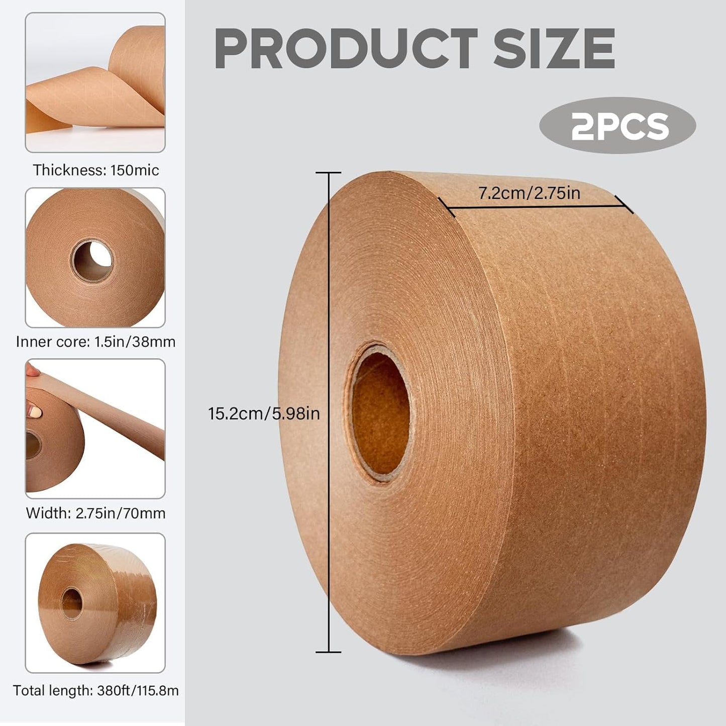 sanian Fiberglass Reinforced Water Activated Gummed Kraft Paper Tape, Each roll 2.75 inch x 380 ft for Heavy Duty Secure Packing (1 Pack)