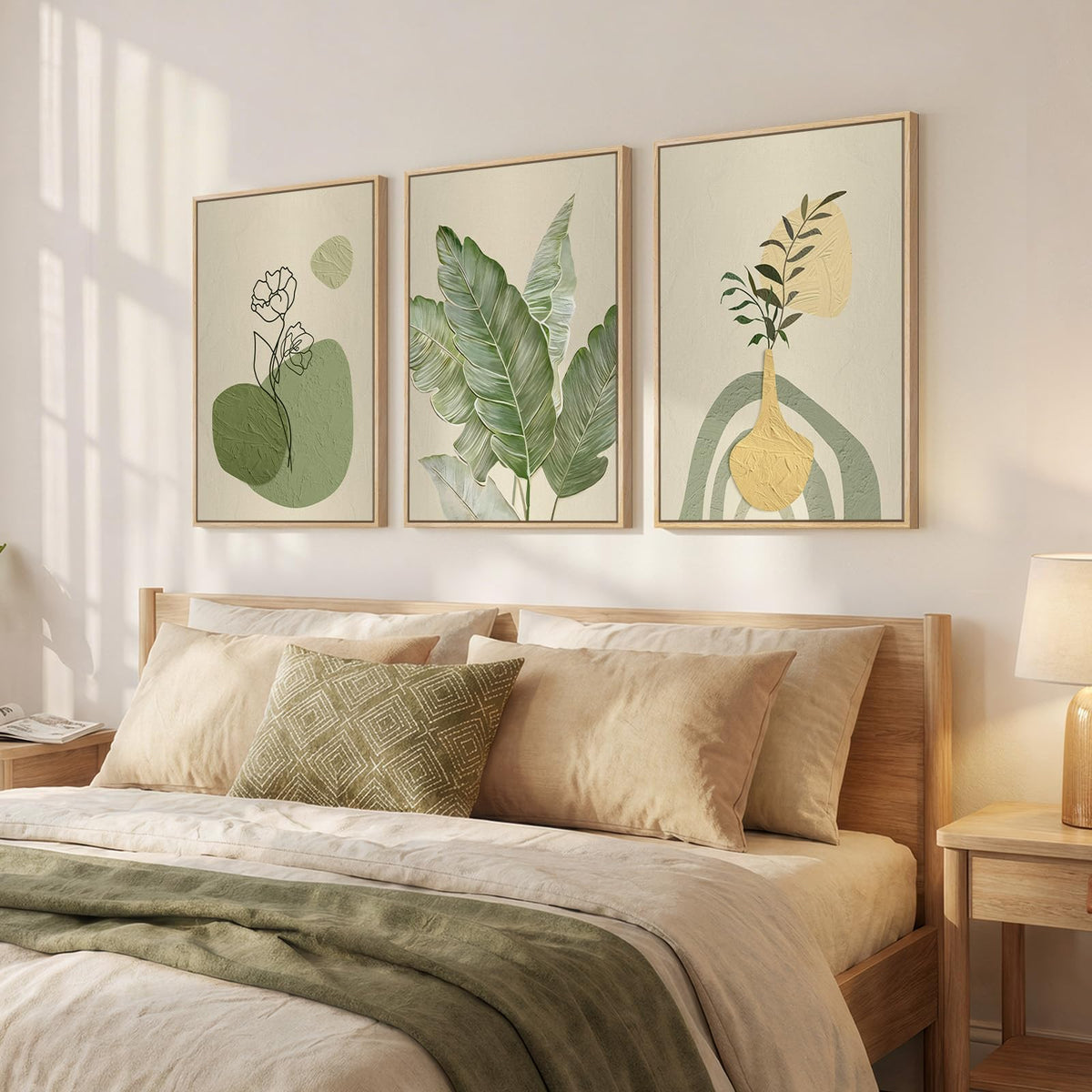 Framed Botanical Modern Wall Art for Living Room, 3 Piece Canvas Prints Boho Floral Green Picturs Wall Decor, Minimalist Neutral Sage Green Plant Wall Art for Bedroom Dining Room Office 16x24