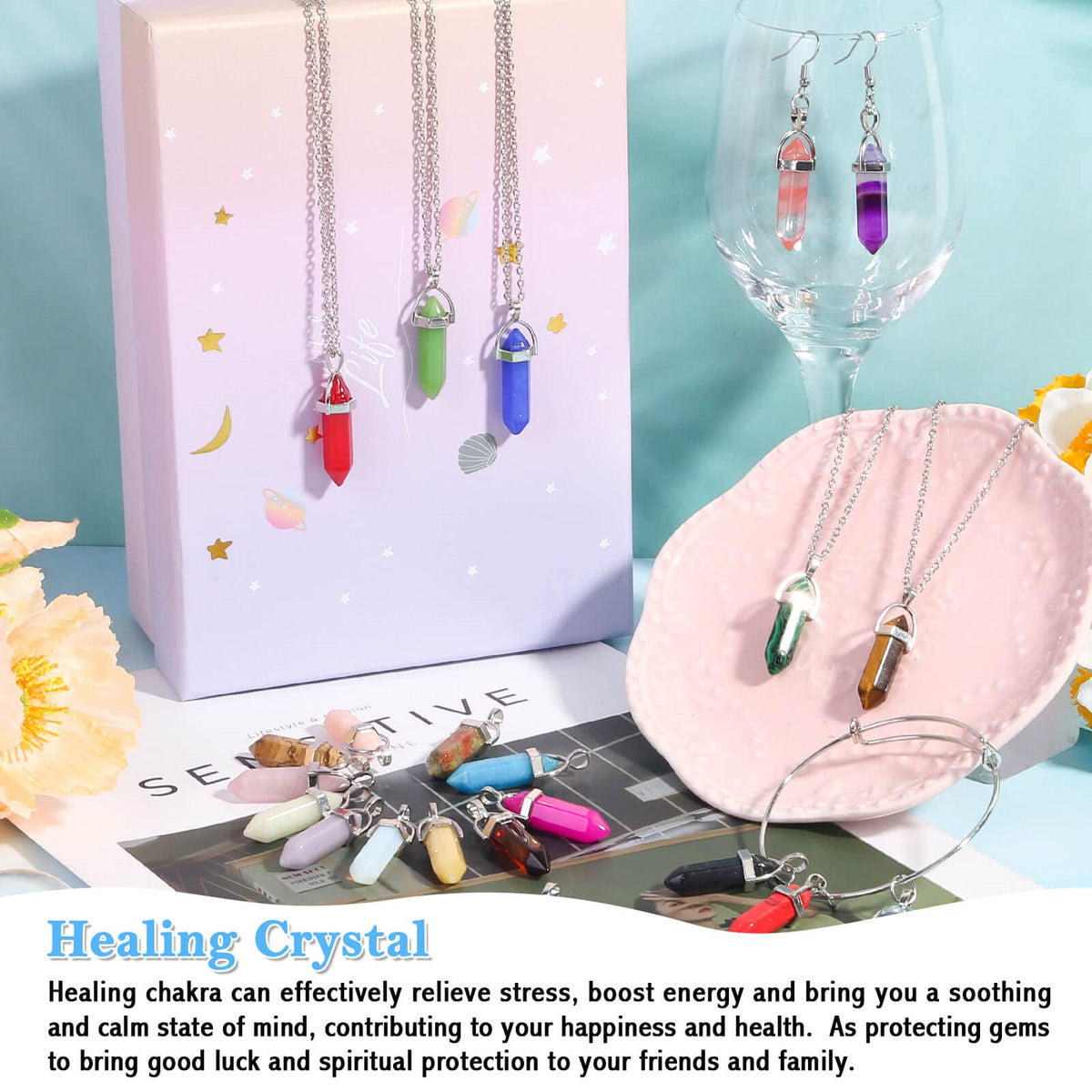ROADPLUM 40Pcs Healing Crystal Pendants, Glow in the Dark Gemstones Charms Quartz Stone, Hexagonal Crystals Pointed Chakra, Natural Crystal Necklace Pendants for Jewelry Making with Storage Box