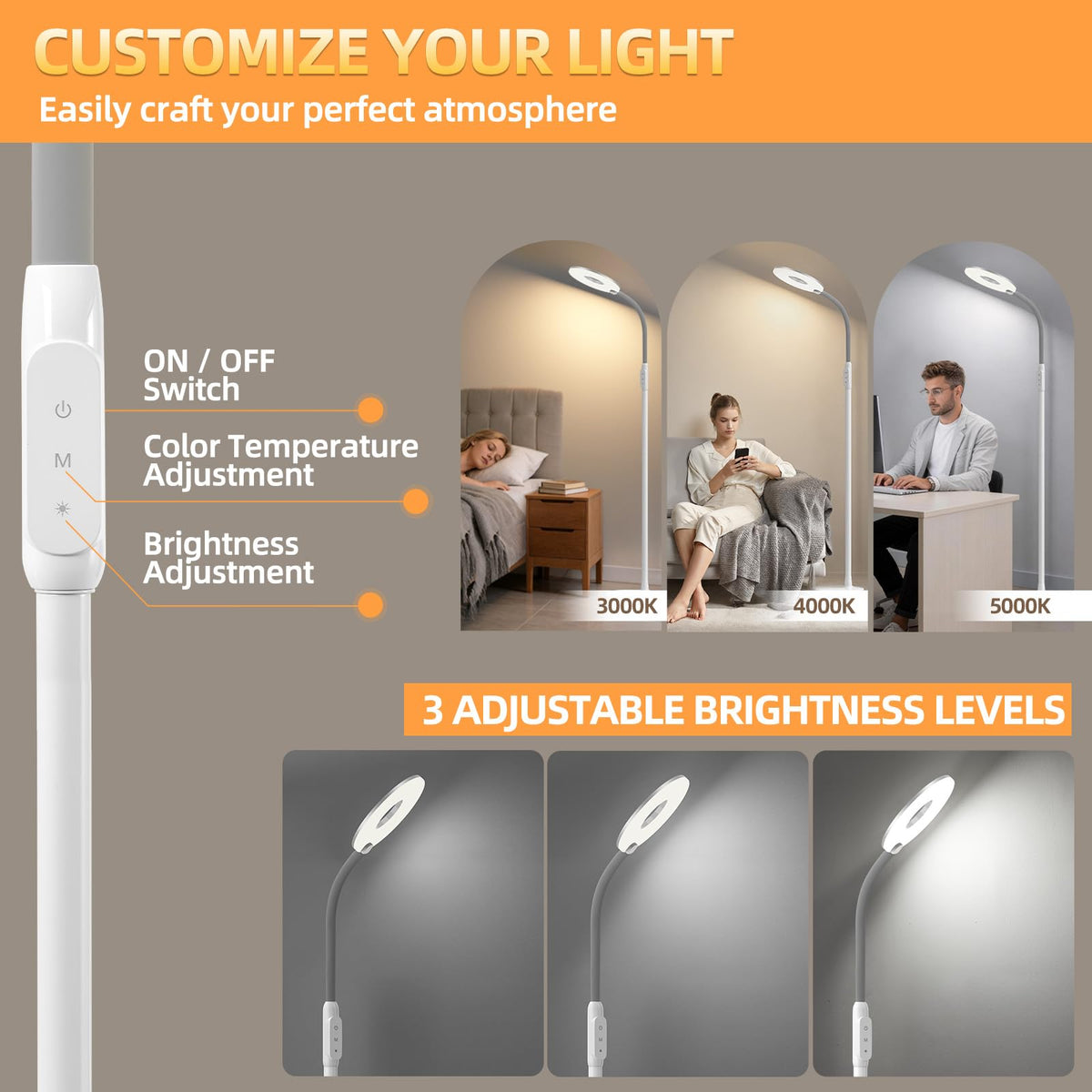 GyroVu 70" Bright LED Floor Lamp for Living Room, Dimmable Standing Tall Lamps with Color Temperature Adjustable, Touch Control Gooseneck Reading Light for Bedroom Office