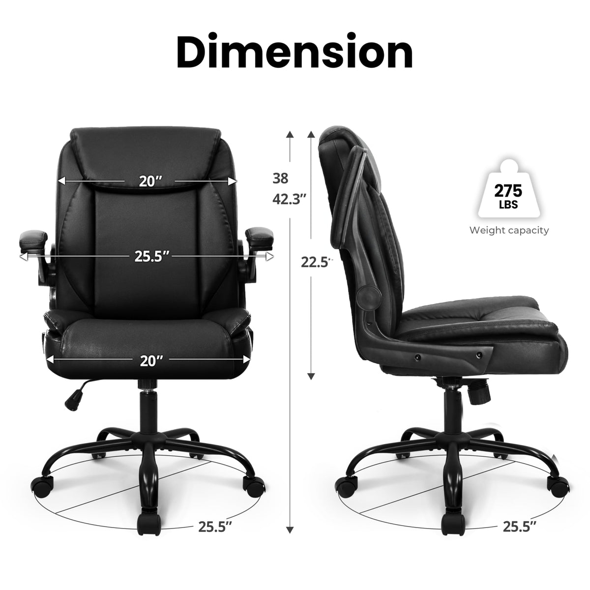 NEO CHAIR Desk Office Gaming Computer Chair Ergonomic Executive Mid-Back Leather with Adjustable Padded Flip-Up Armrests Cushion Wheels Swivel for Home Study Task (Black White)