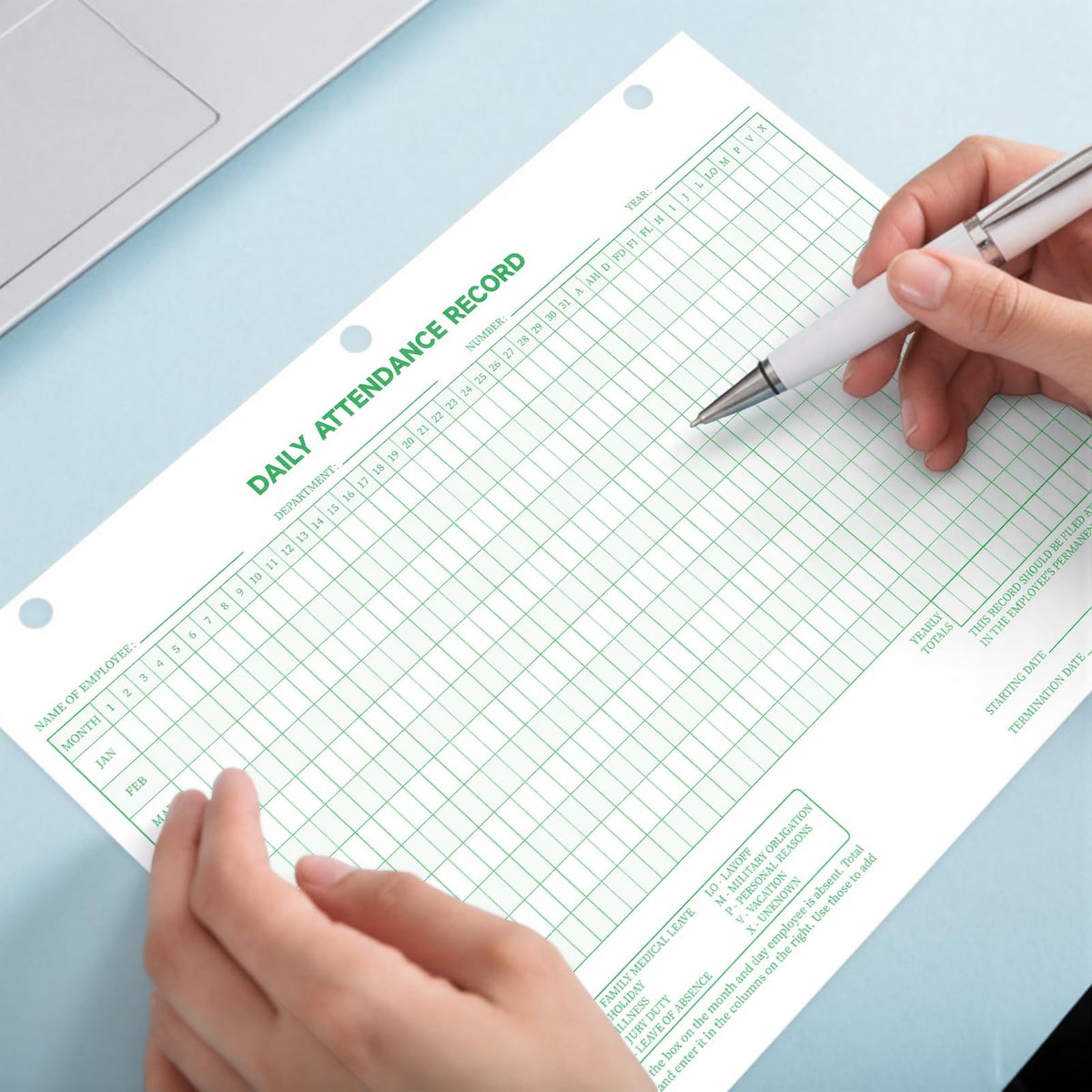 LemonSecret 100 Pcs Daily Attendance Card, Attendance Record Book Tracker 8.5 x 11 Inch, 2026 Daily Calendar Cards 3 Hole Employee Work Books Employee History Record Green Letter Size