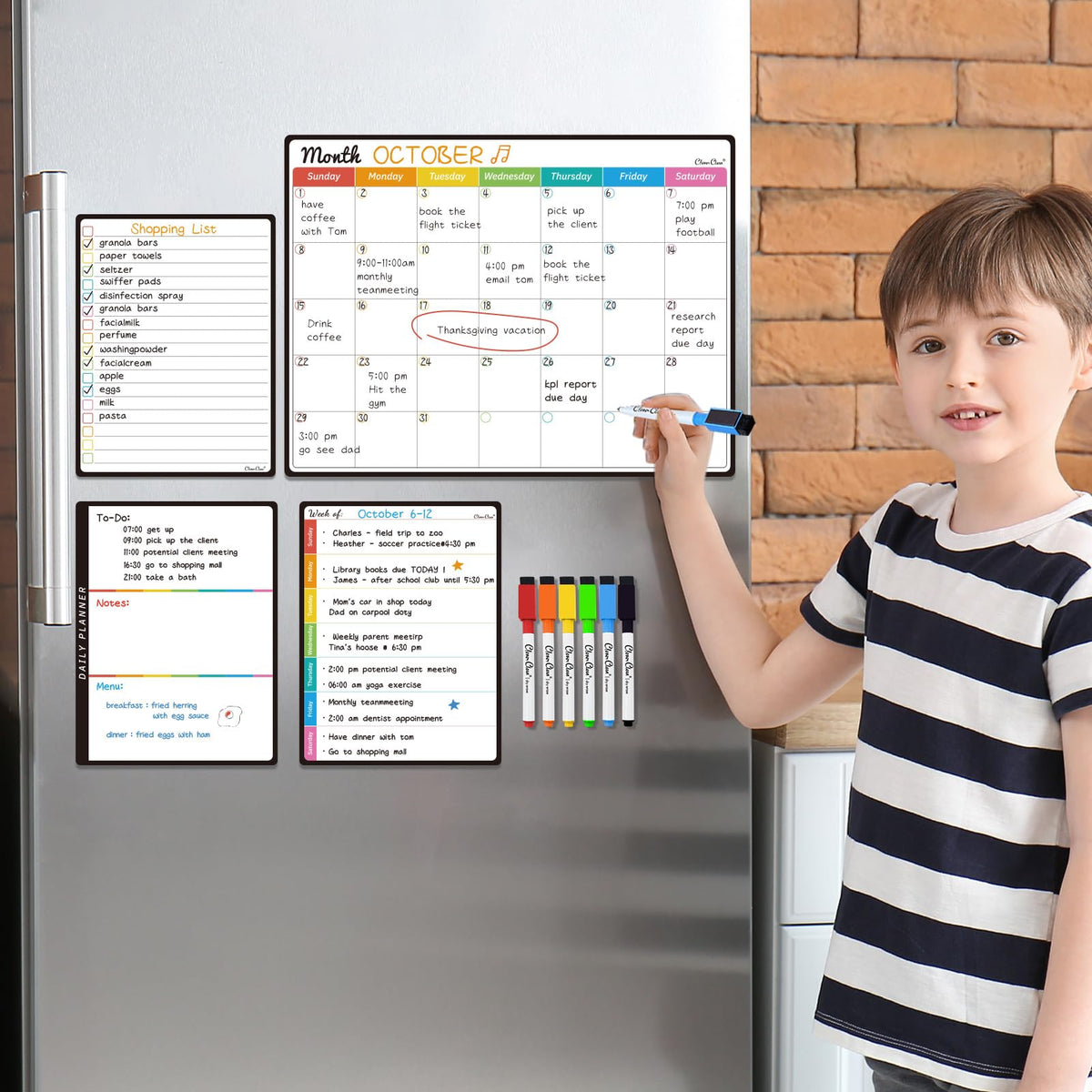Magnetic Dry Erase Monthly Calendar Set - 14.5"x11" Monthly Calendar, 6.5"x8.5" Weekly, Daily, List Boards for Fridge - 6 Extra Fine Point Markers Included - Shipped Flat