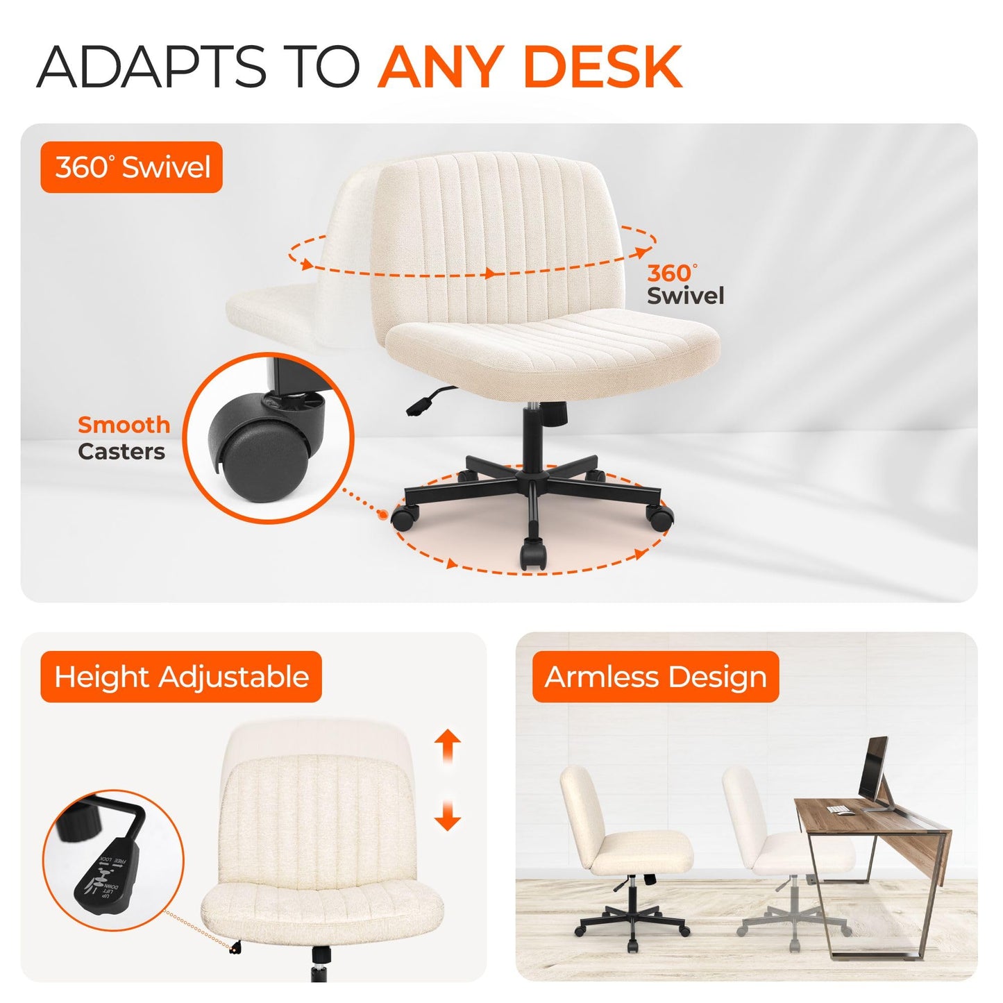 Orange Factory Criss Cross Chair Wheels Wide Cross Legged Office Desk Vanity Chair Comfy Fabric Armless Adjustable Swivel for Home Computer Task (Beige Wheel, Fabric)