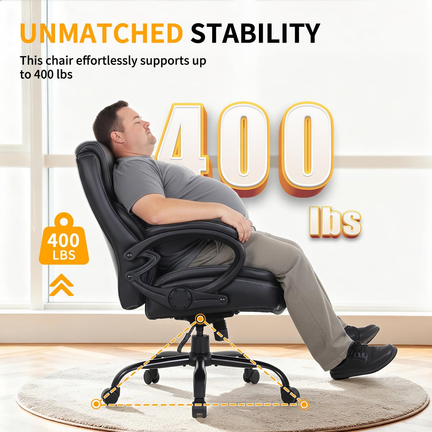 BestOffice Big and Tall Heavy Duty Office Chair 400lbs Wide Seat Ergonomic Computer Desk Chair with Arms and Lumbar Support High Back PU Leather Executive Task Computer Chair for Back Pain, Black