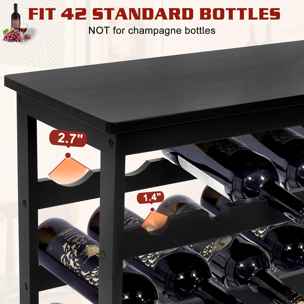 Bambition Bamboo Wine Rack Freestanding Floor, 7-Tier 42-Bottle Wine Storage Shelf with Table Top - Black