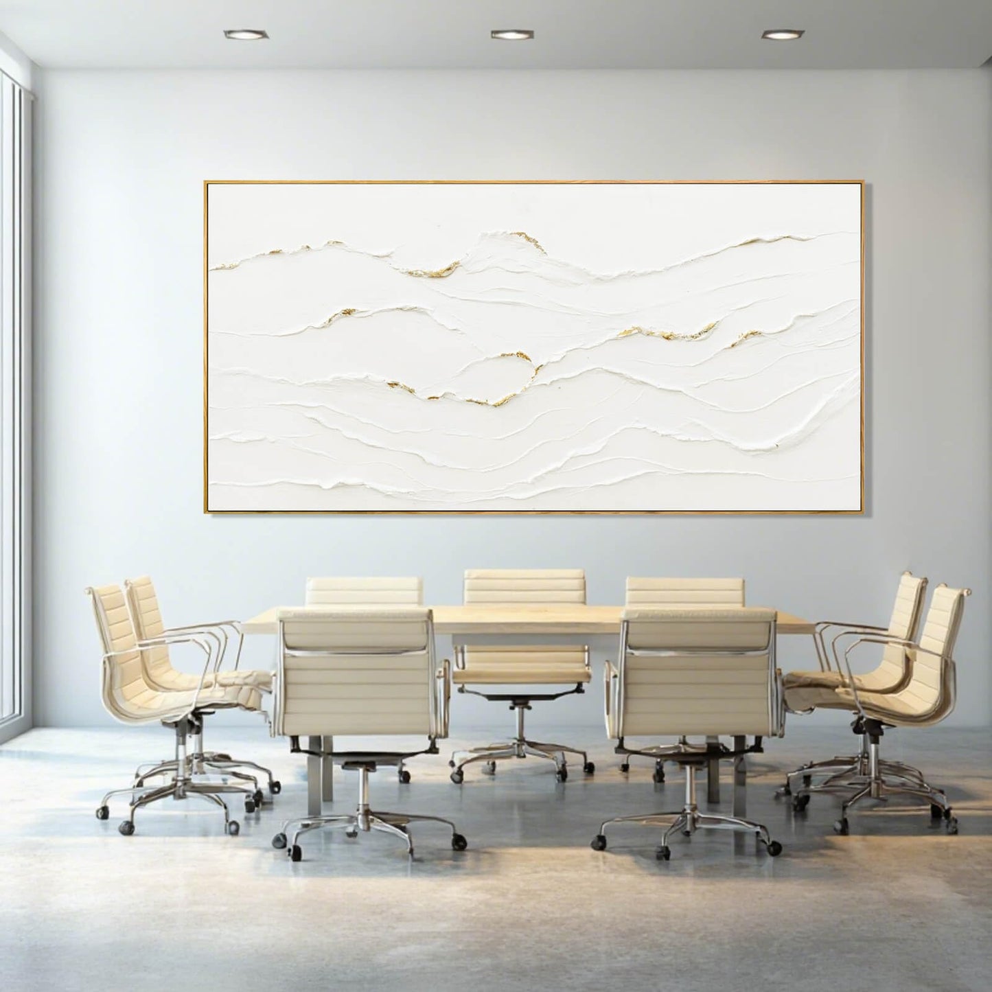 WINKAILIN Large Wavy Line White Abstract Wall Art with Frame Minimalist Modern Hand drawn Painting Textured Poster for Living Room Dining Room Bedroom Decor 29"x58"