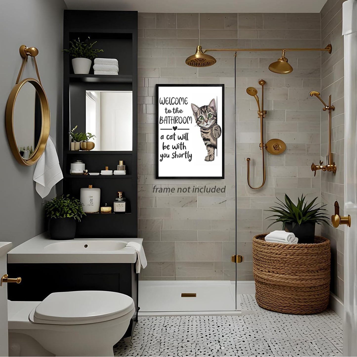 HNNXAR Funny Cat Bathroom Wall Art,Welcome To The Bathroom A Cat Will Be With You Shortly Paintings Posters,Black and White Funny Animal Canvas Pictures Prints Wall Decor 16x24in Unframed