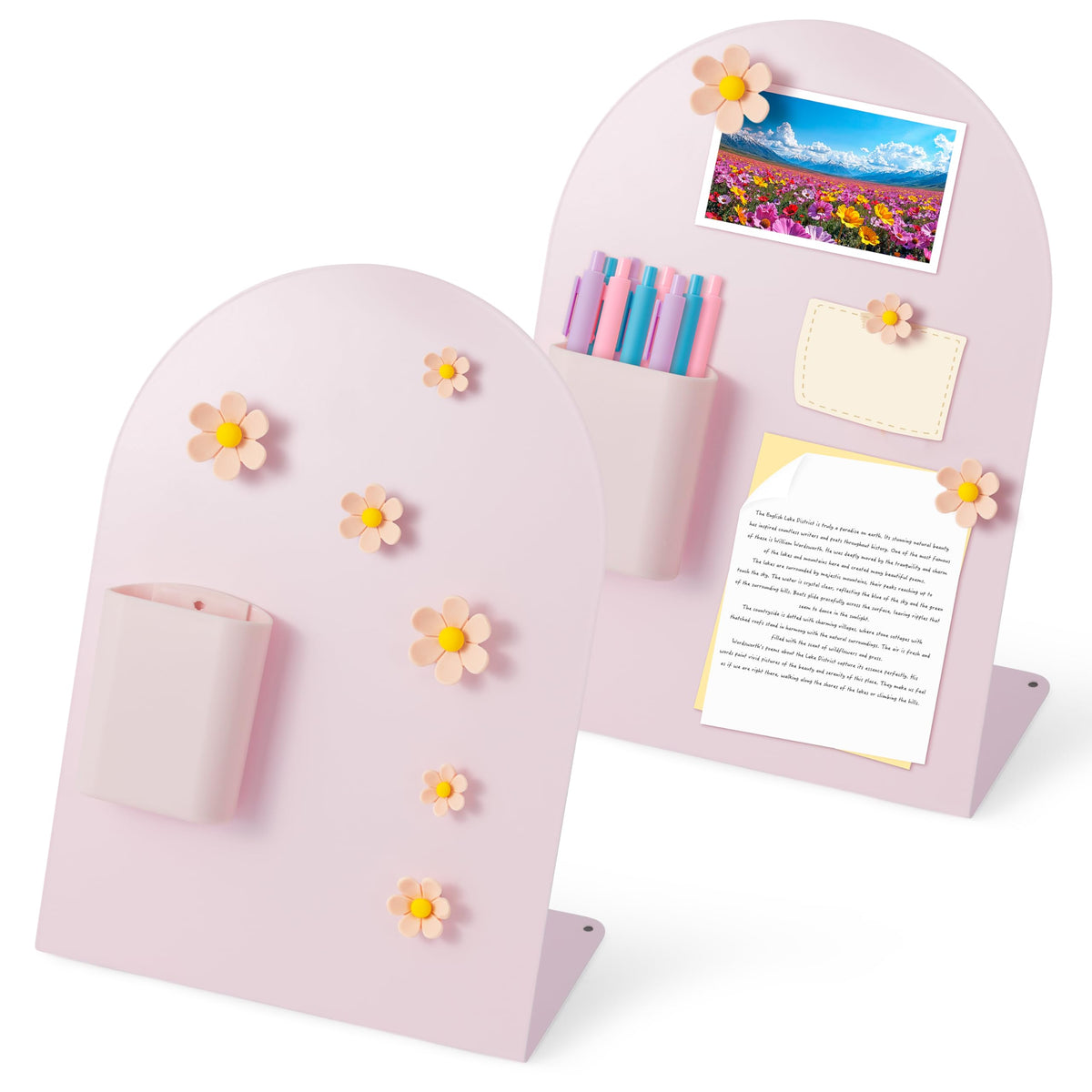 GQIRIL Magnetic Bulletin Board for Tabletops - 2 Pack Metal Magnet Display Memo Note Souvenir Boards with Stand, 12 Flower Pins and 2 Pen Holders for Home Office School Kitchen Table Desk (11"×7.9")