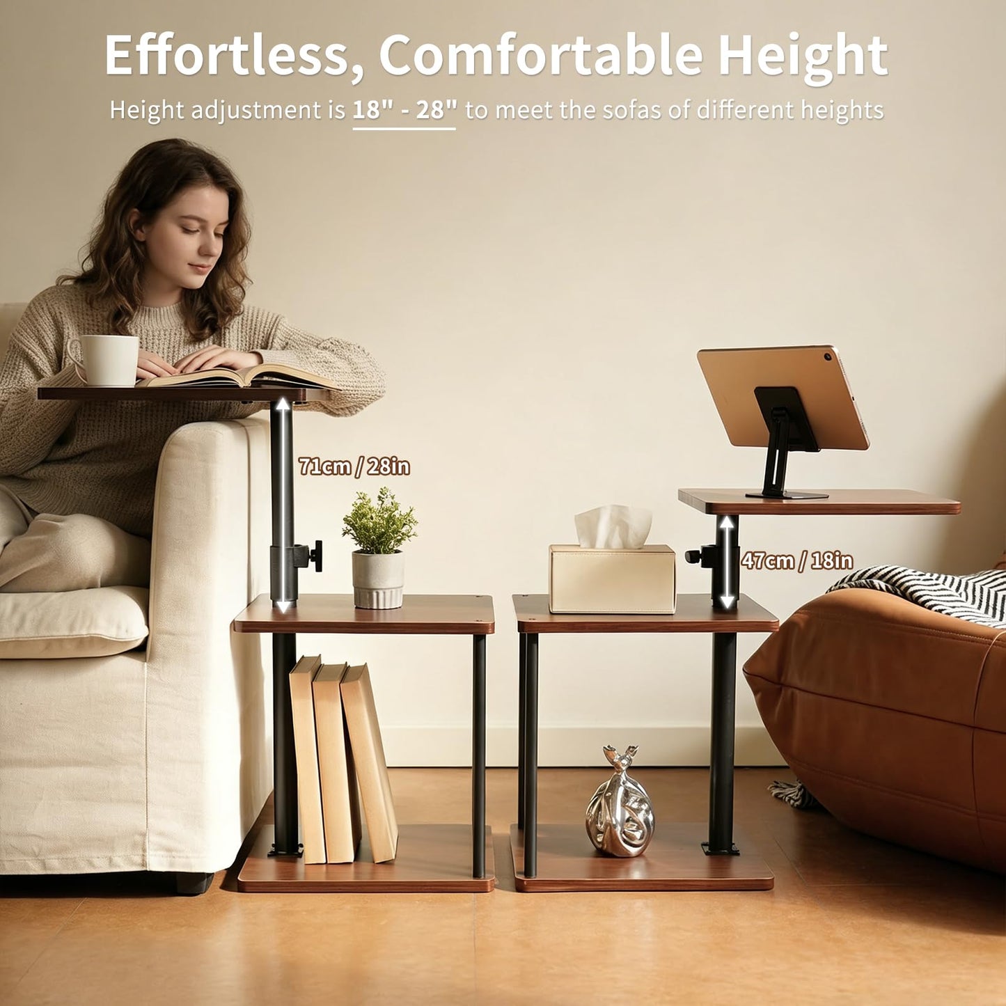 Bingyouth 360° Swivel Side Table with Storage, Height Adjustable, Smooth-Rolling Wheels, C-Shaped End Table for Couch/Sofa, Recliner, Living Room, Walnut-Look