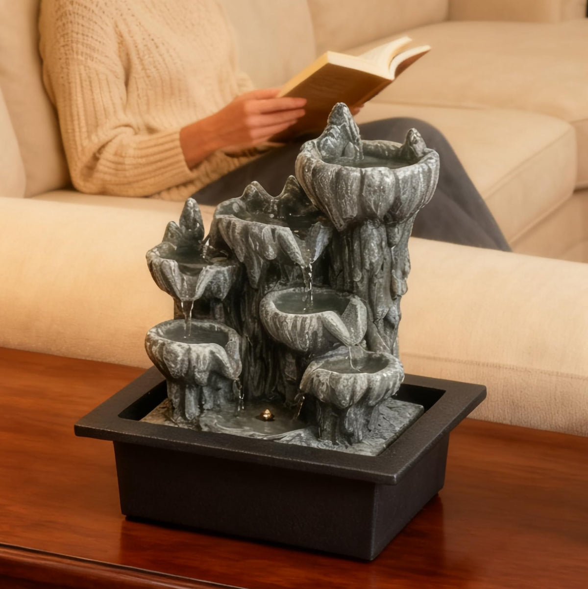 BIASUNS Indoor Cave Rock Waterfall Fountain with Warm Light,Tabletop Fountain with Planter Niche, Zen Water Feature for Home Office Desk Decor
