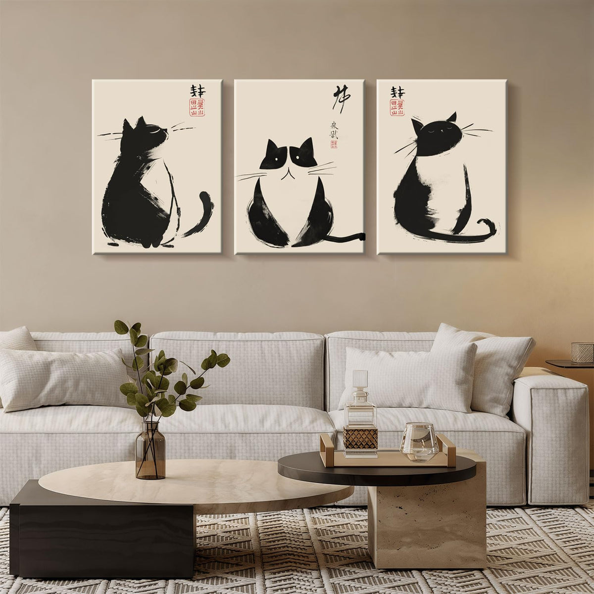 3Pcs Framed Black Cat Japanese Zen Ink Style Cute Funny Animal Wall Art Decor Canvas Print Picture Poster Gallery Bathroom Bedroom Living Room Office 12x16 Inch Ready to Hang