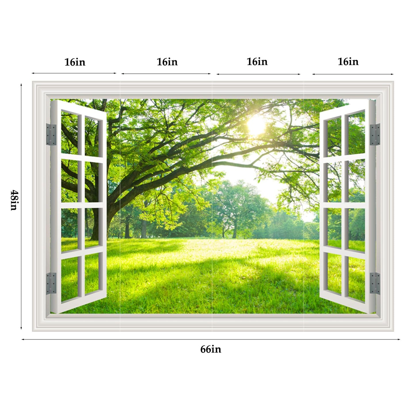 Natural Scenery Spring Green Forest Tree Scene Wall Art Poster Fake Window Wall Mural Faux Window Wall Sticker for Office Home Room Decor, Peel and Stick Wall Decals 48" x 66" Set of 4 Sheets