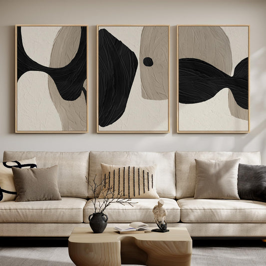 Large Framed Neutral Abstract Wall Art for Living Room, 3 Piece Black and Beige Canvas Artwork for Walls, Abstract Modern Minimalist Painting Prints Wall Decor for Bedroom Dining Room Office, 24x36 In