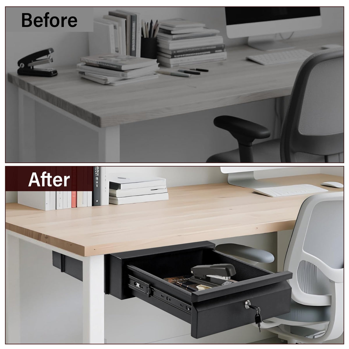 Toriexon Under Desk Drawer 15.7" x 11.8" x 4.3", Under Desk Pull Out Drawer with Lock and Keys, 4.3” & 7.5” Optional Bracket Height, Storage Organizer for Workbench with Drawers