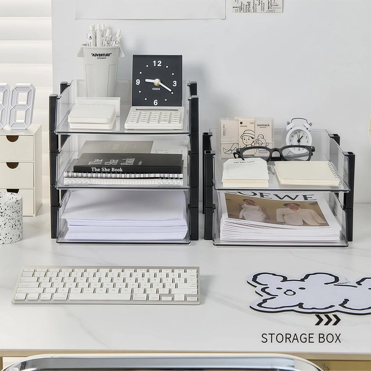 RHONZHAO Clear 4-Tier Stackable Paper Tray Organizer for Letter/A4 Files, Desktop Document Sorter, Transparent Office Desk Storage (4 - Tier Clear)