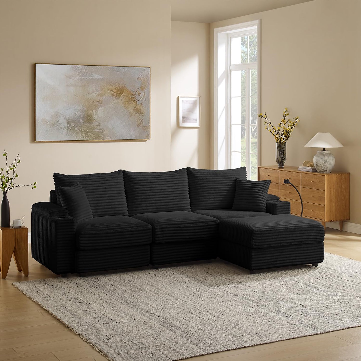 104.3" Modular Sectional Sofa, L-Shaped Couches for Living Room, Comfy Cloud Couch with Ottoman, Convertible 4 Seats Deep Seat Sofas, Black Corduroy Couch with Charger, Cup Holders & Armrest Storage