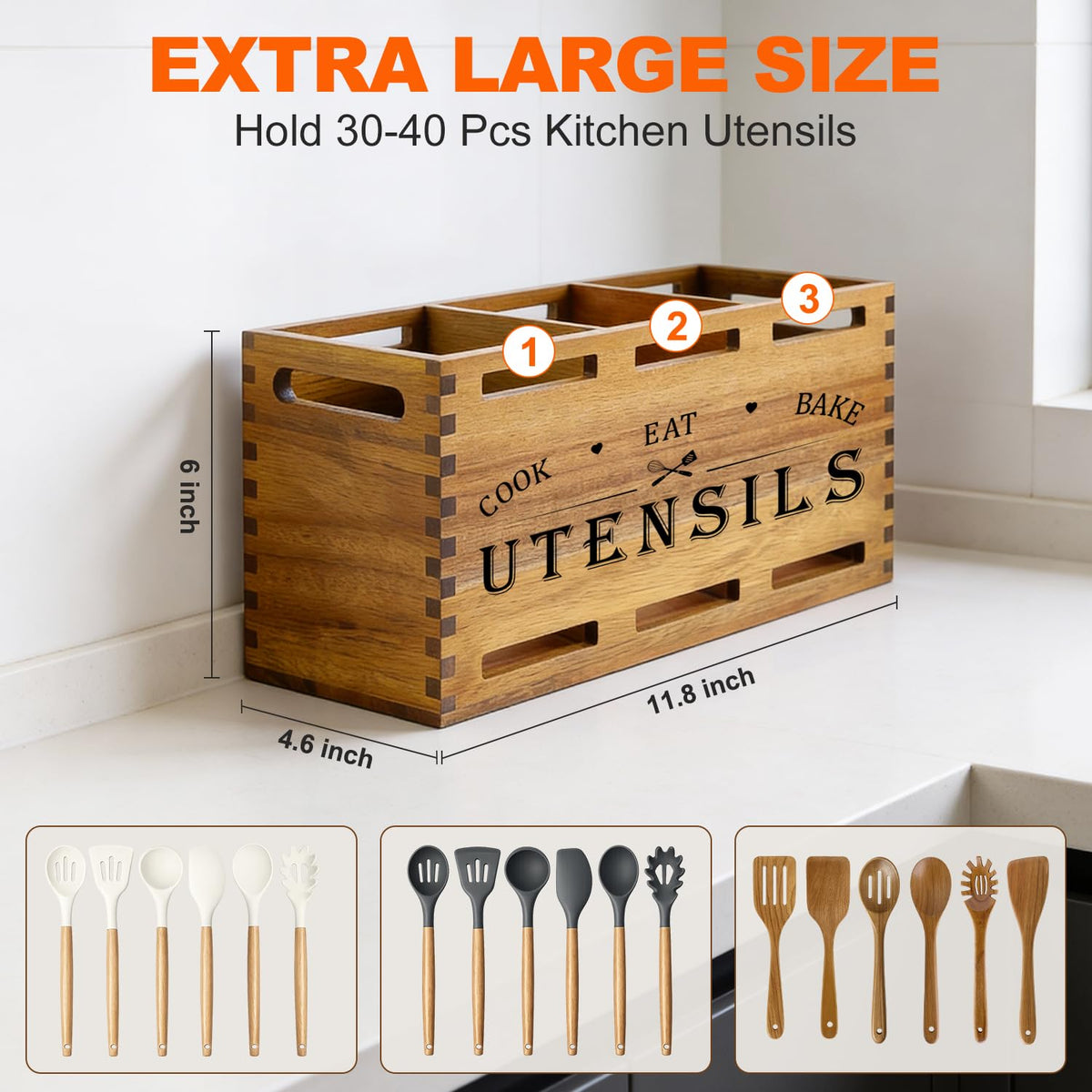 Acacia Wood Extra Large Utensil Holder for Kitchen Counter Rustic Spatula Holder For Counter Top Organizer Kitchen Cooking Utensil Storage Countertop Silverware Caddy Wooden Spoon Kitchen Tools Holder
