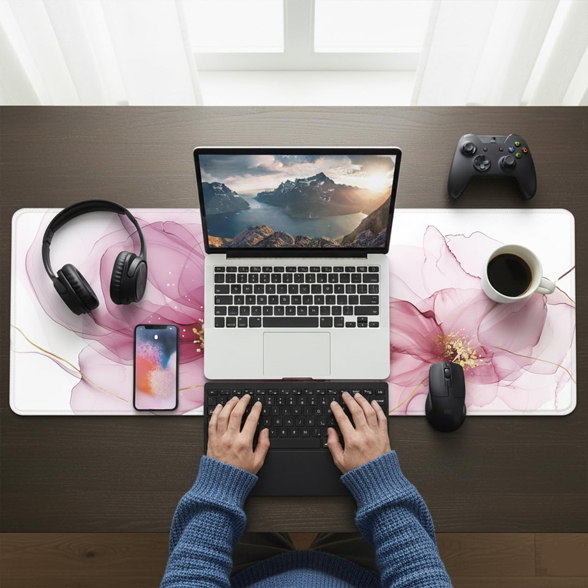 XXL Extended Gaming Mouse Pad (47.2 x 23.6 Inch), Giant Pink Floral Desk Mat for Full Coverage, Luxury Alcohol Ink Marble Design, Non-Slip Blotter, Premium Workspace Protector
