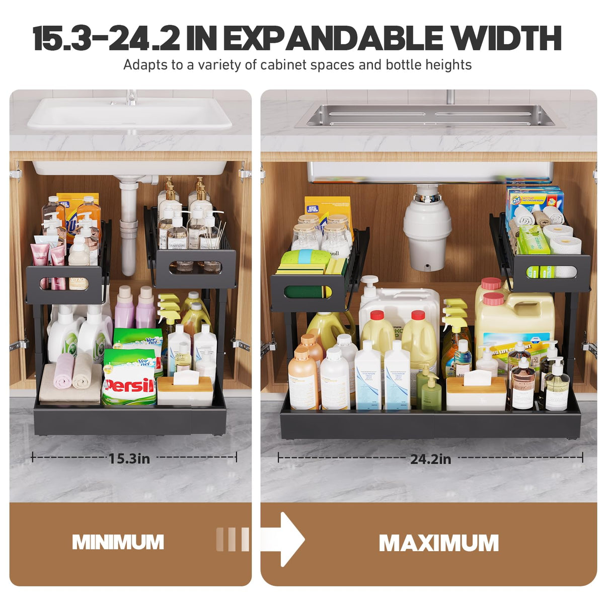 1 Pack Expandable Under Sink Organizers And Storage With Upgrade Ball-Bearing Slide Tracks,2-Tier Pull Out Under Cabinet Organizer Height Adjustable,Slide Out Under Sink Drawers-Black(Patent Pending)