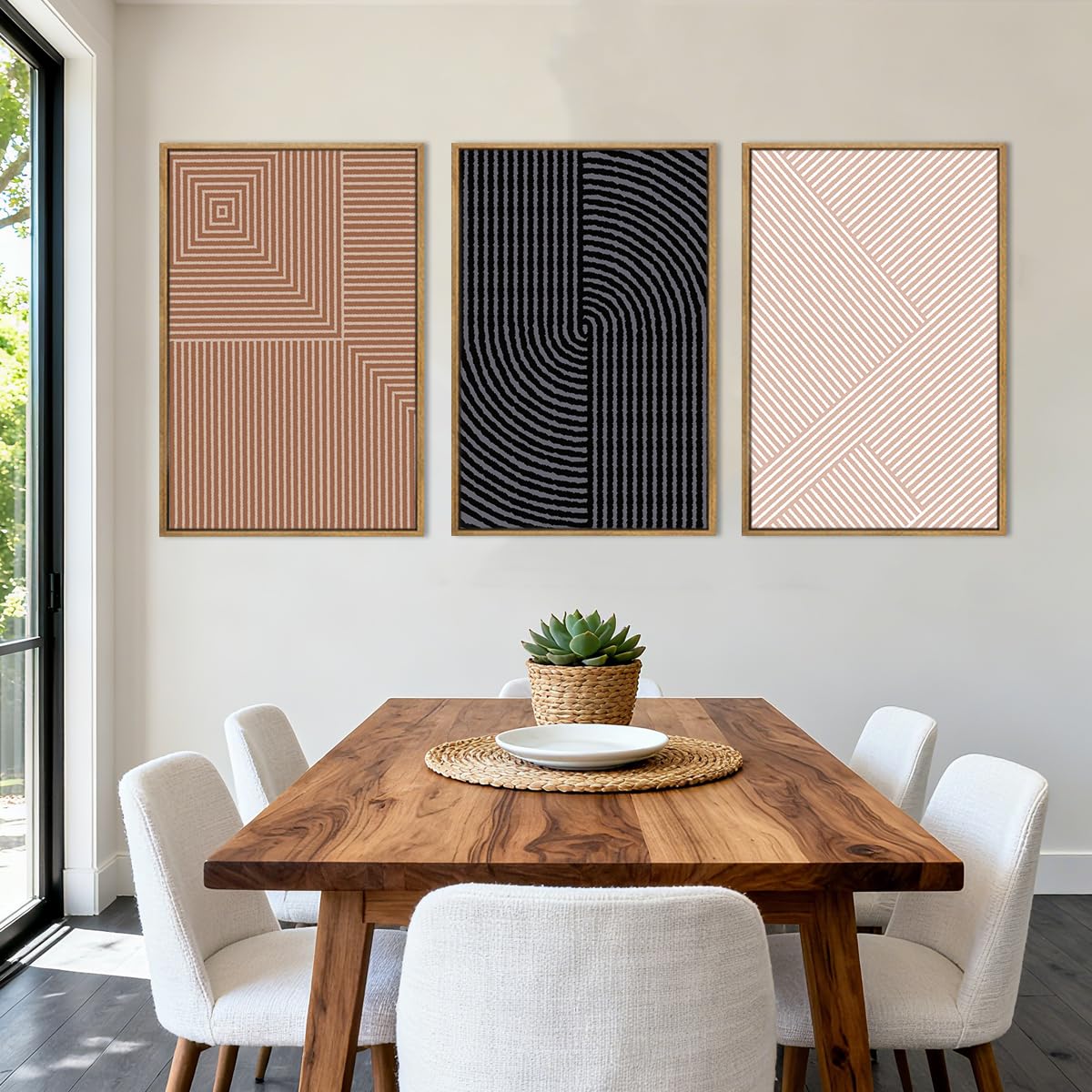 ANHUIB Neutral Abstract Modern Canvas Wall Art Set of 3 Framed Black and White Beige Wall Decor Boho Minimalist Artwork for Walls Geometric Line Painting for Living Room Bedroom Office 16x24 Inch