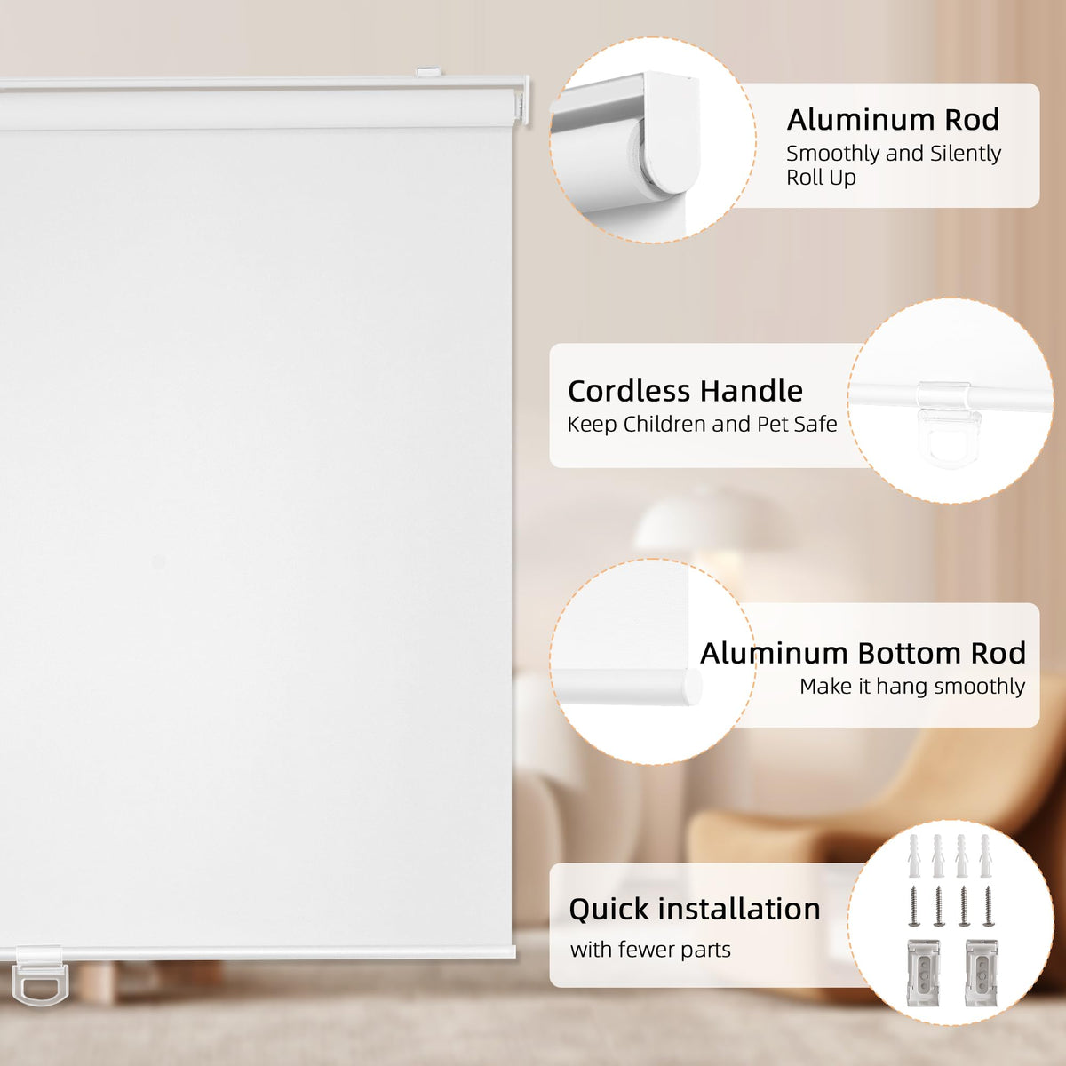 ChrisDowa Cordless Blackout Roller Shades for Windows, Thermal Insulated UV Protection Pull Down Shades, Total Blackout Window Blinds for Home, Office, Bedroom, Door (22" W x 72" H, White)
