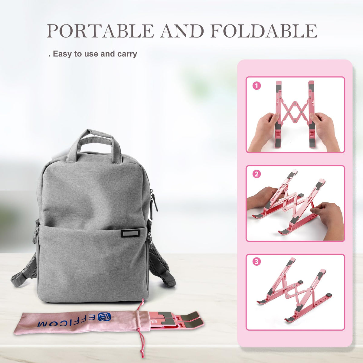 EFFICOM Laptop Stand for Desk, Ergonomic Lap Riser, Portable Laptop Stand, Aluminum Lightweight Foldable Notebook Support, Compatible with Laptop 10-15.6'' and Tablet, Phone (Pink)