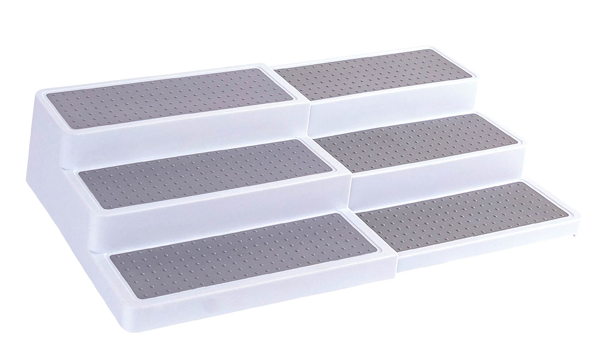 Oizeir 3–Tier Expandable Plastic Spice Rack - Adjustable Length, Stability with Non-Skid Shelf, Three Tiers for Easy Visibility, Organizer for Kitchen Cabinet, Pantry or Countertop, White/Grey