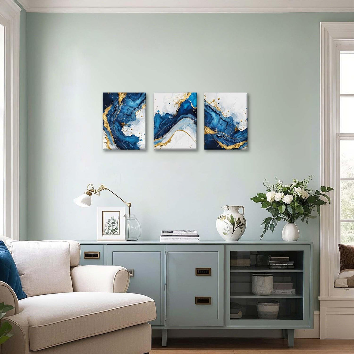 ZQARTZZQ 3 Piece Framed Wall Art Abstract Wall Decor Navy Blue and Gold Pictures Marble Foil Canvas Art Modern Minimalism Paintings Artwork For Living Room Bedroom Office 12x16in