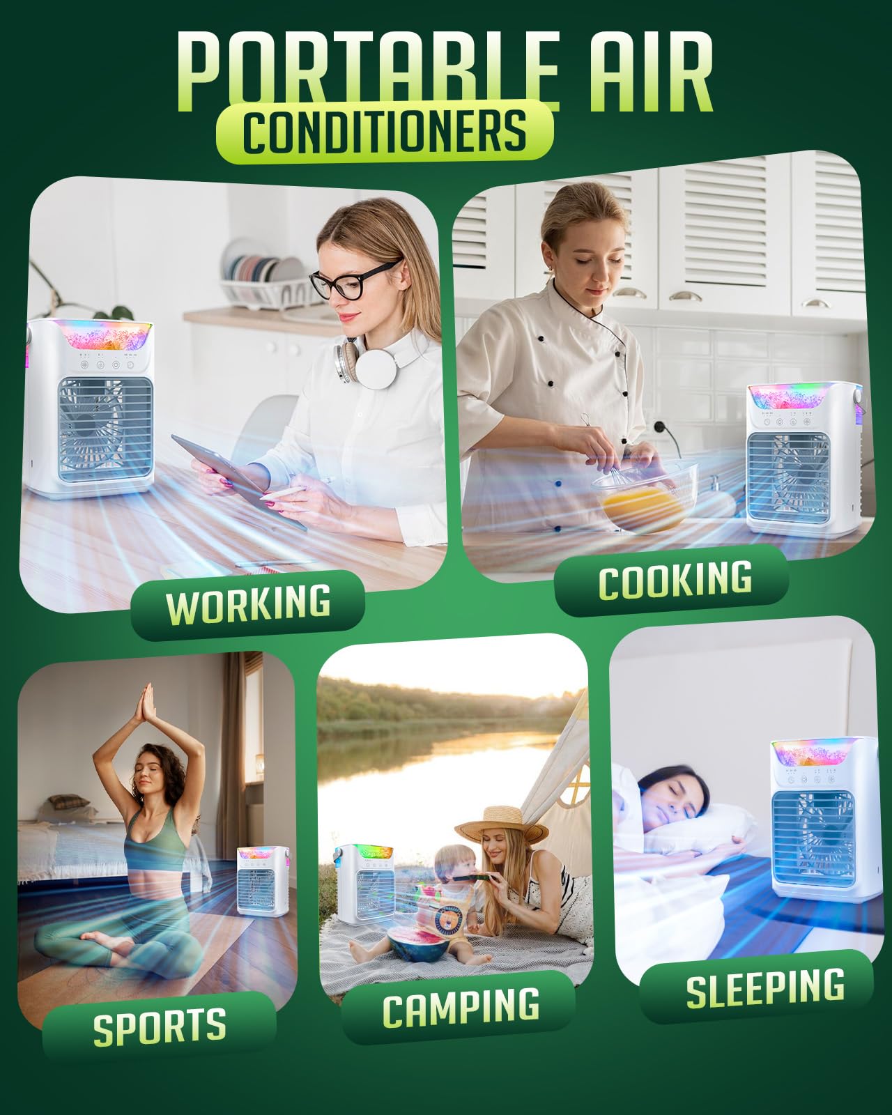 Portable Air Conditioners, 3 Wind Speeds & 7 LED Lights Evaporative Personal Air Cooler, 4 in 1 Portable AC with 650 mL Large Water Tank, Mini Air Conditioner for Bedroom/Car/Home/Camping/Room