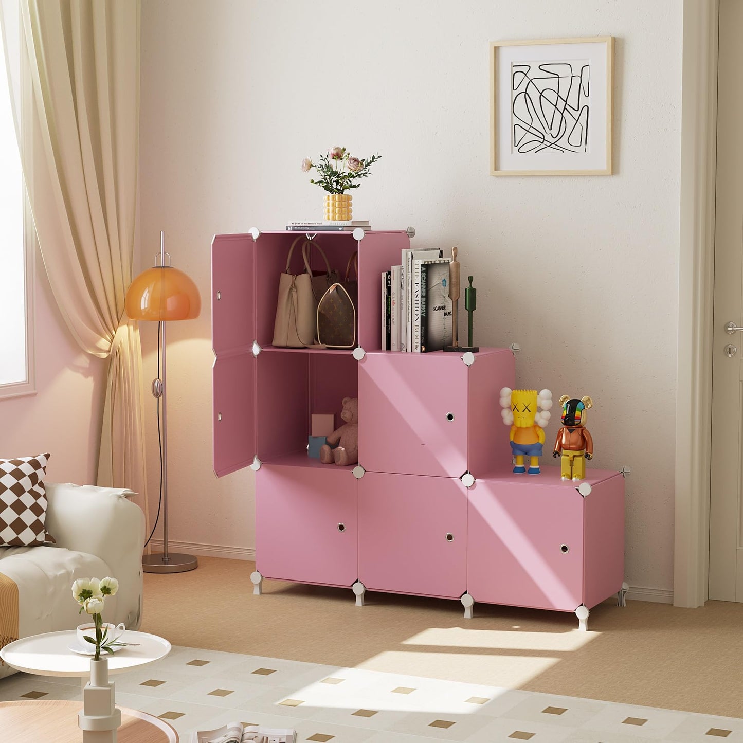 ATTDETJL Cube Storage Organizer, 6-Cube Shelves Unit with Doors, DIY Stackable Plastic Clothes Organizer for Bedroom and Under Stairs Storage Unit, Each Compartment 30 x 30 x 30 cm Pink ATTSL6006