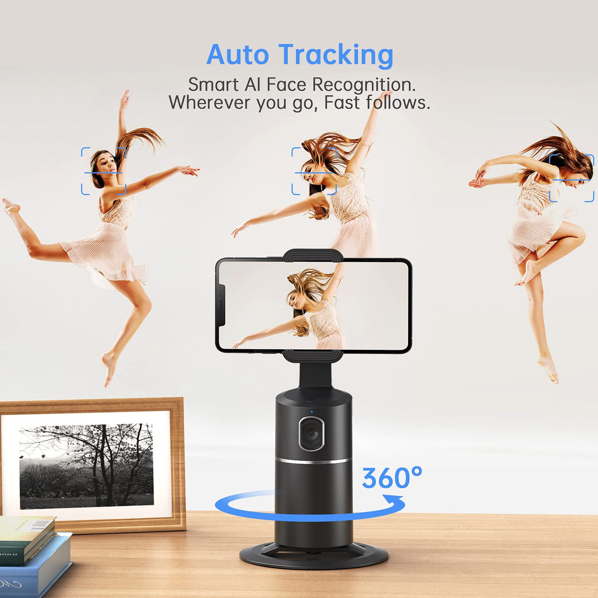 camrola Auto Face Tracking Phone Holder, No App Required, 360° Rotation Face Body Phone Tracking Tripod Smart Shooting Camera Mount for Live Vlog Streaming Video, Rechargeable Battery-Black