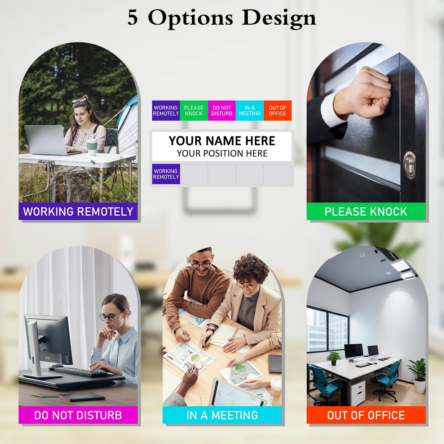 Office Status Sign With 5 Options, Do Not Disturb/Please Knock/In A Meeting/Out of Office/Working Remotely, Magnetic Slider Sign for Any Room,Name Plate For Desk/Doors/Cubicle Wall With Stand-Silver