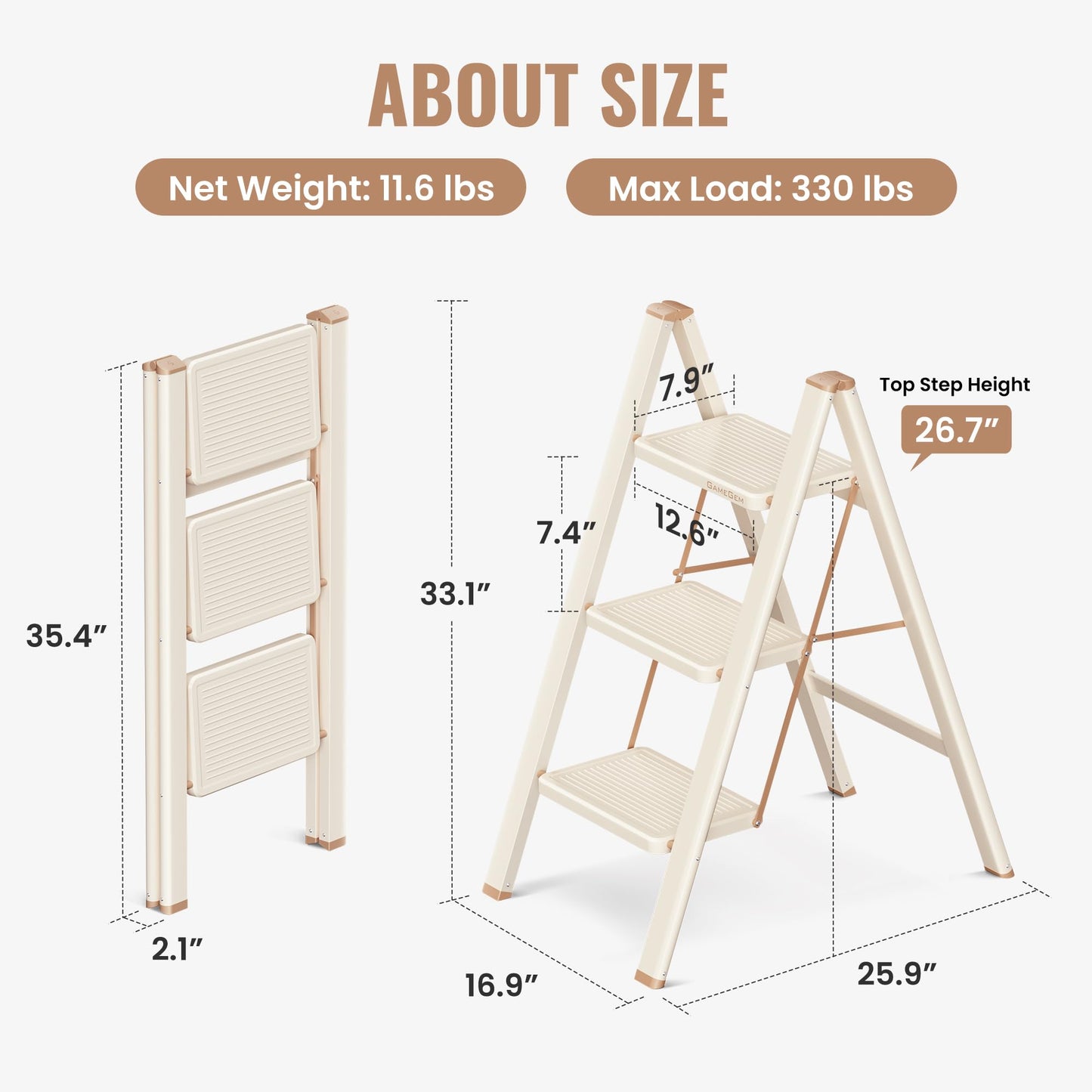 GameGem 3 Step Ladder, 3 Step Stool for Adults, Folding Step Ladder with Secure Footing, Widened Pedal, Aesthetically Pleasing Looking, Blends Right into Domestic Rooms, Cream Chocolate