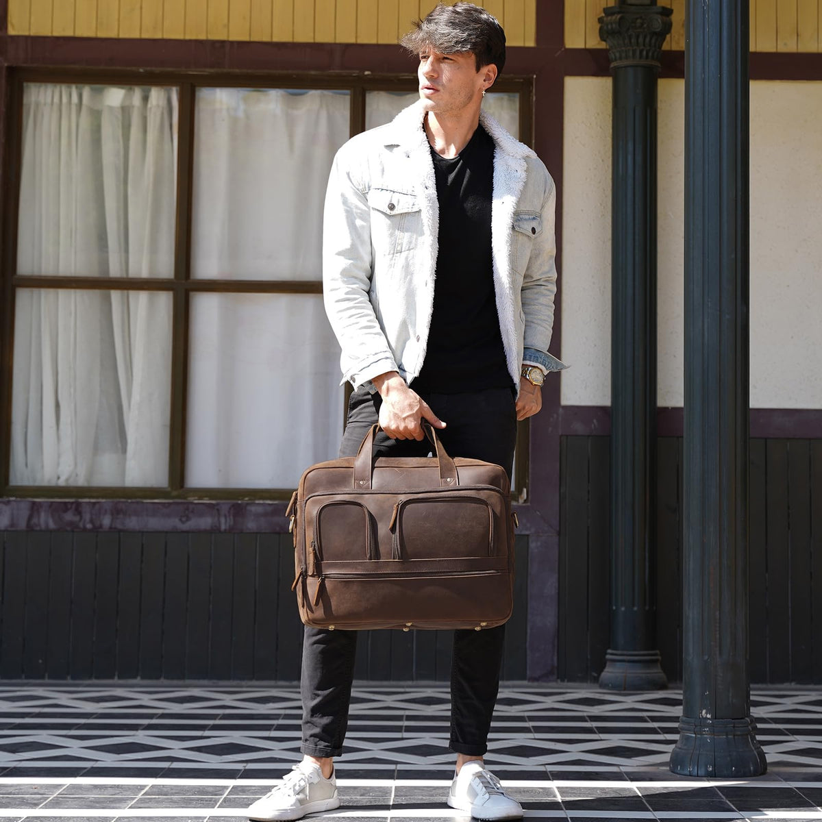 TIDING X-Large 18 Inch Full Grain Leather Briefcase for Men 17.3" Laptop Messenger Bag Business Travel Handbag Shoulder Bag