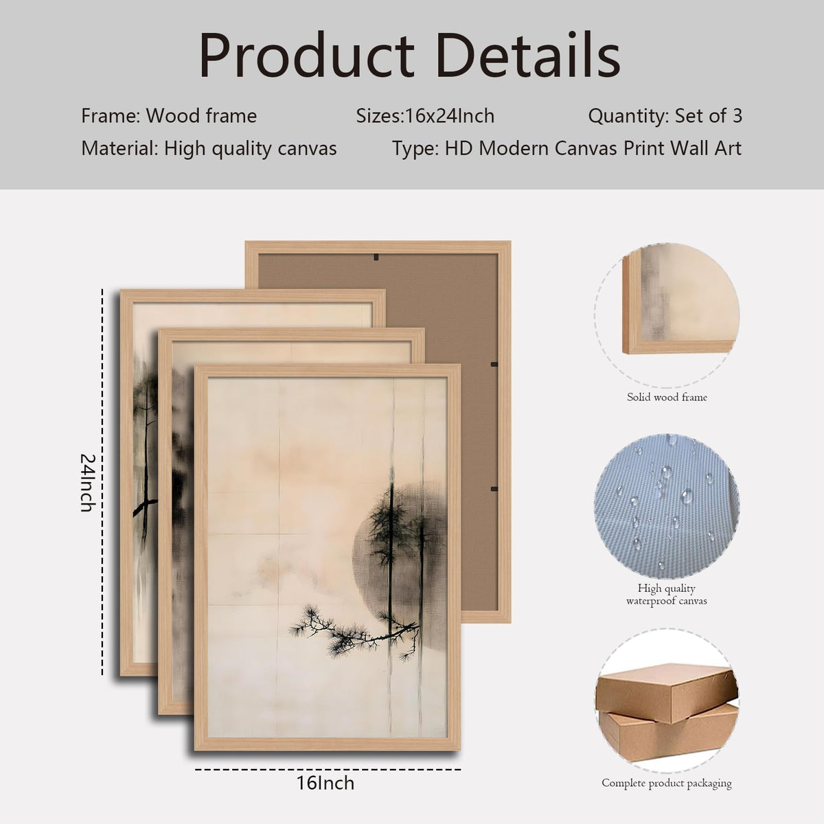skysoon Minimalist Zen Wall Art Set of 3, Abstract Ink Landscape Canvas Prints, Neutral Pine Tree and Bird Artwork, Modern Japanese Scandinavian Wall Decor for Living Room Bedroom Office 16x24 Inch
