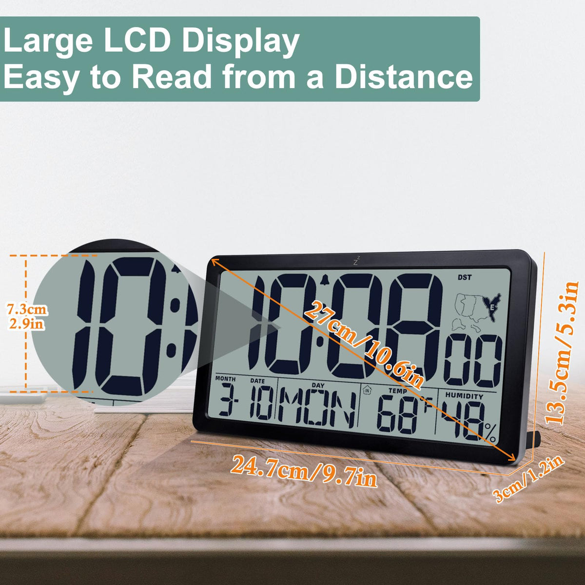 Atomic Wall Clock Battery Operated,10.5 inch Digtial Desk Clock with Temperature and Humidity,Self-Setting Alarm Clocks with 57 Ringtones,Auto DST, Large LCD Display for Seniors Batteries Included